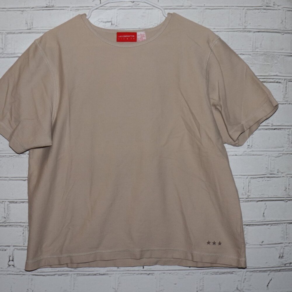 🤎 Liz Claiborne Liz & Co Embroidered Star Tee · Size Large · Beige